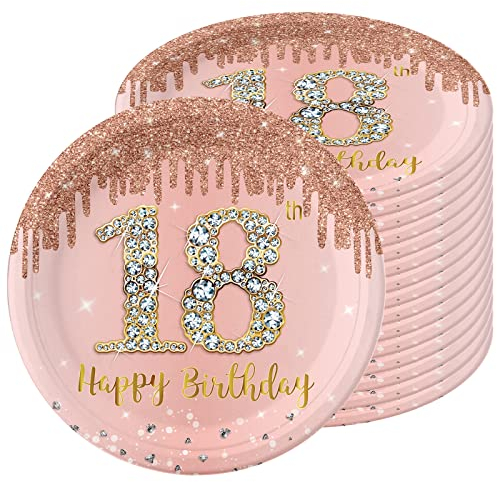 16-Pc 9 Rose Gold 18th Birthday Party Plates for Women - Decorative Tableware for 18th Dinner
