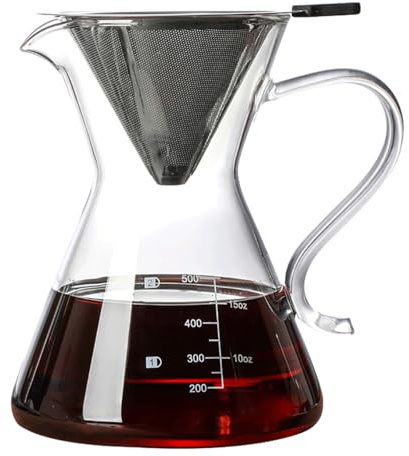 COFISUKI Pour Over Kaffeemaschine – Elegante Tropfkaffeemaschine mit wiederverwendbarem Edelstahlfilter/Tropfer, bleifreies Borosilikatglas-Kaffeekaraffe für 1–4 Tassen (500 ml)
