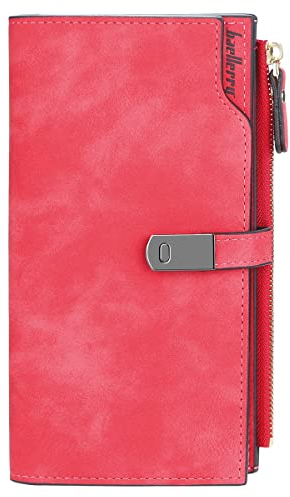 HNOOM Portefeuille Femme en Cuir PU Longue Porte Monnaie Femme Grande Capacite Porte Feuilles pour Femme avec 24 Emplacements Cartes et Zippé Pochette à Monnaie (Rouge-L)