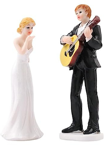 Uteruik Lustige Braut und Bräutigam Cake Topper Figuren spielen Gitarre Paar Statue Hochzeitstorte Puppe Jahrestag Verlobung Dekoration (#A)