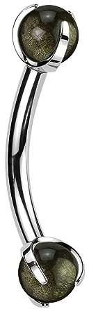 Paula & Fritz® UNIVERSAL Hantel-Stab Augenbrauen-Piercing Silber Synthetischer Stein Dunkel Grün Titan-IUM Grade 23 Kugel 1,2-mm Dicke Natur-Stein