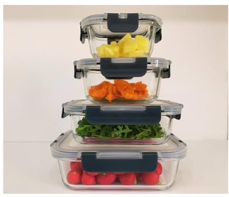 4 Contenedores Hermeticos de Vidrio,1-320 ml, 1-520 ml, 1-640 ml, 1-1000ml, excelente para almacenar, congelar, hornear y calentar alimentos.