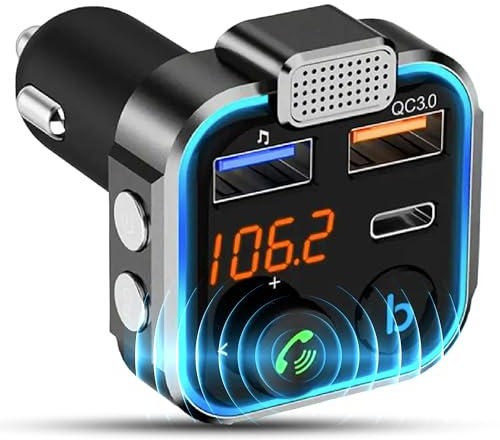 Transmisor FM Bluetooth Coche, Manos Libres Coche Bluetooth, Cargador Coche USB C Carga Rápida, Adaptador Bluetooth Coche Mechero, Transmisor Receptor Bluetooth, Conector Bluetooth Coche