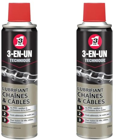 3-EN-UN Technique • Lubrifiant Chaîne et Câbles • Aérosol • Forte adhérence • Protection anticorrosion • Formule contenant du PTFE • Sans silicone • 250 ML (Lot de 2)