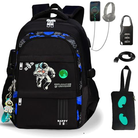 EymAnn Zaino spaziale. Zaino luminoso con porta di ricarica USB, porta per cuffie. Resistente all'acqua. Zaino per laptop di grande capacità da 48,9 cm. Con blocco antifurto. Ciondolo astronauta,