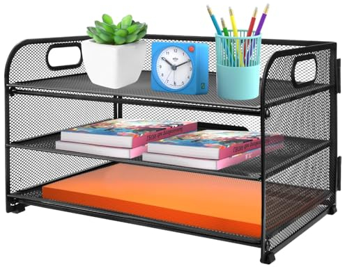 HEKOBAG 3 TierDesk Organiser with Handle, Pull-out Mesh File Organizer for Desk Letter Tray Organizer Mesh Desk Organiser Tray Paper Storage Rack for A4 File Office Supplie