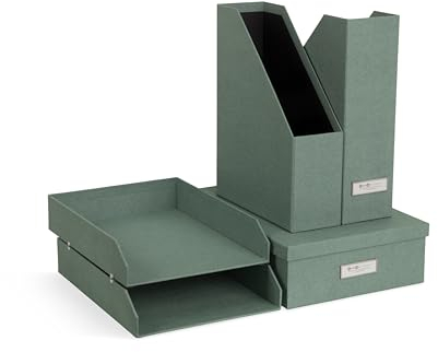 BIGSO HOLGER 5-teiliges Schreibtisch Set – Ordnungssystem mit 2 Stehsammlern, 2 Briefablagen und einer Box – Organizer aus Faserplatte und Papier in Leinenoptik – mintgrün