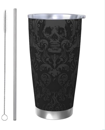 Pmnnerefaq Gothic Wallpaper Skull Travel Mug Reusable Coffee Cup Leakproof Lid Friendly Car Cup for Coffee, Tea and Beer 20oz Straw Two-Piece Set