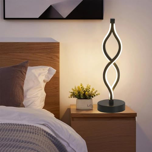 Mengjay LED Spiral Tischlampe,Moderne Nachttischlampe mit 3 Farbtemperatur,Metall Dekoration Tischleuchte,Augenschutz Schreibtischlampe Leselampe für Kinderzimmer Schlafzimmer Wohnzimmer (Schwarz)