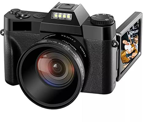 AUBEST Videocamera Retro Vintage 48MP Selfie Camera Flip Screen Videocamera grandangolare 4K Obiettivo macro Vlog Fotografia Videoregistratore digitale(32G SD Card,With Lens)