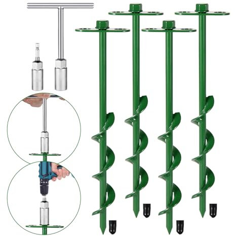 360° Adjustable Tent Stakes Heavy Duty Trampoline Stakes Dog Tie Out Stake 4 Pack Screw in with Protective Cover for Tent, Trampoline,Inflatable Christmas Decoration,Swing Sets 12 inch (4 X 12)