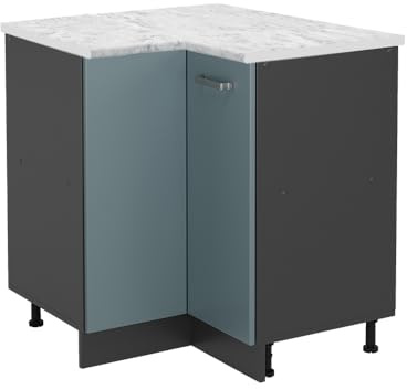 Vicco Eckunterschrank R-Line, Blau-Grau, 75.6 cm | Verbindet zwei Küchenseiten · AP Marmor inkl. · Höhenverstellbare Füße · 1 Einlegeboden · 1 Tür