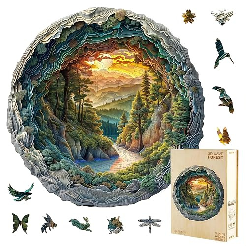 Jollitot Wooden Puzzles, 3D Cave Forest Puzzle 300 Pieces, Unique Animal Shaped Wood Challenging Jigsaw Puzzles Ideal for Adults, Premium Wood Gift Box 13.4x13.3in