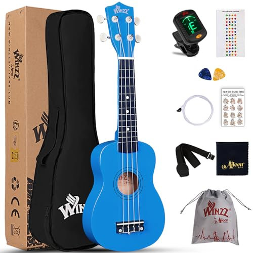 Winzz Sopran Ukulele Starter Kit für Anfänger mit Tasche, Clip-On Tuner, Zusätzlichen Saiten, Gurt, Plektron, Griffbrettaufkleber, Akkord-Karte, Poliertuch Dunkelblau