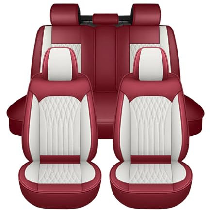 Auto Sitzbezüge Set für Citroen C1 c1 Live/Feel/Millenium/Shine 5 Doors 2005-2022, Wasserdichter Autositzbezug aus Leder, 5 Sitzer Autositzschutz Vorne und Hinten,F White+Claret