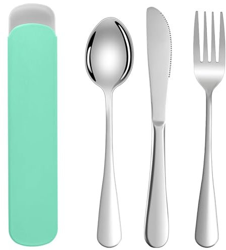 Travel Cutlery Set with Case, Travel Cutlery Set, Cutlery Set for 1, Portable Travel Cutlery, Stainless Steel Cutlery Set Travel for Outdoor Travel Picnic Office School Lunch Box - Green