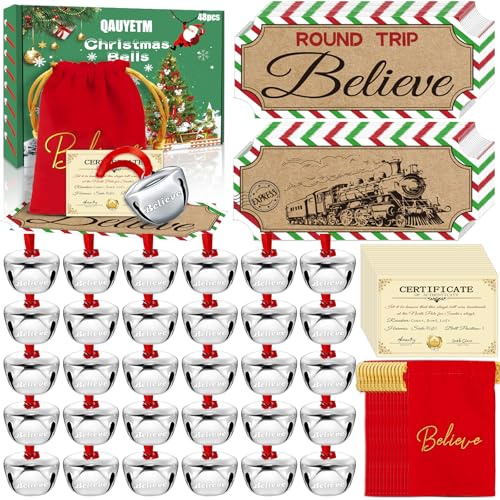 48 Sets Christmas Polar Express Glöckchen Glöckchen Weihnachtsmann Geschenke Bulk Weihnachtsschmuck Zugticket mit Etiketten, roter Samtbeutel, Weihnachtsfilm, Partygeschenke für Weihnachten, Party,
