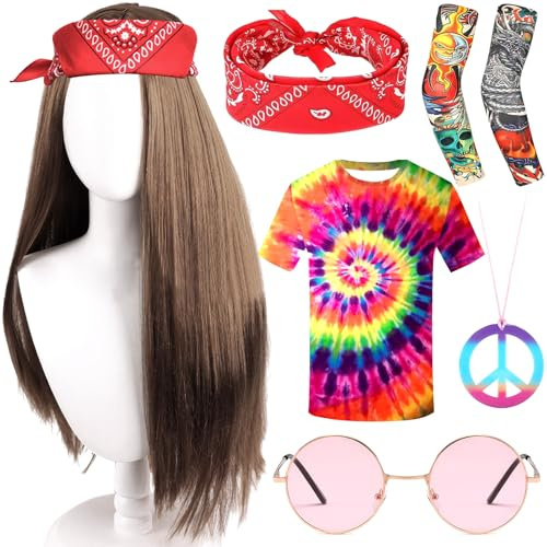 MZJAUVF Costume Hippie Anni 70, Hippie Costume Set, Accessori Hippie Maglietta Occhiali da Sole Parrucca Fascia per Capelli Collana Manicotti del Tatuaggio per Cosplay Carnevale Halloween Costume