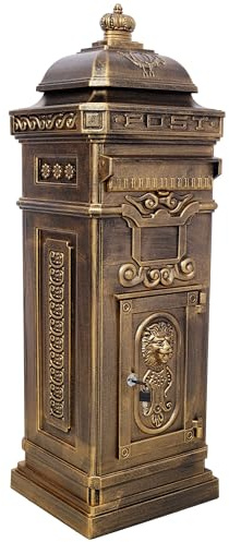 Dithoko Vintage Large-Capacity Cast Aluminum Mailbox, Outdoor Weatherproof Floor Standing Postbox, Decorative Copper Finish Letter Box with Lock, Roman Column Design for Home Use (Copper)