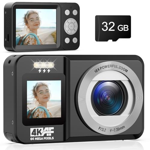 CAMWORLD Cámara Digital 4K de 64 MP con nfoque Automático, Cámara de Fotos con Tarjeta SD de 32 GB, Pantalla Dual Frontal y Trasera, Zoom Digital de 2,8 y 18x, Adecuada para Principiantes Negra
