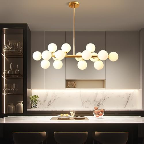 KOSHSH Sputnik Kronleuchter Aus Weißem Glas, 16-flammiger Moderne Goldene Pendelleuchte, Milchkugel Glas Hängende Kronleuchter Für Esszimmer Wohnzimmer Schlafzimmer