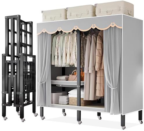 Faltbar Stoffschränke Robuster Tragbarer Kleiderschrank mit Abdeckung, 500 Kg, mit Kleiderstange und Ablagen, Soffüberzug, Garderobe für , Schlafzimmer, Arbeitszimmer (C, 125*52*71CM(Rollen))