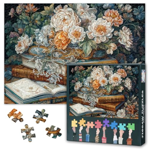 Puzzle für Erwachsene 1000 Teile Vintage Stillleben mit alten Büchern und Pfingstrosen Blumen auf Holztisch 1000 Teile Puzzle Schwierig Unmöglich 19,5 x 27,5 Zoll