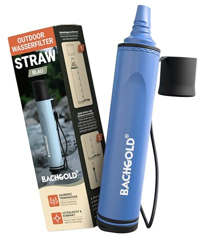 Bachgold Straw Wasserfilter Outdoor mit Virenfilter, Ultraleicht, Blau | Entfernt 99,99% Viren & Bakterien – 70 cm Schlauch, nur 114 g – sauberes Trinkwasser für Camping, Wandern, Survival & Notfall