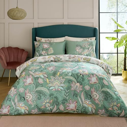 Sara Miller Passiflora Light Stone & Sage Duvet Cover Set - 100% Cotton Sateen (Double Duvet Cover Set: 200cm x 200cm)