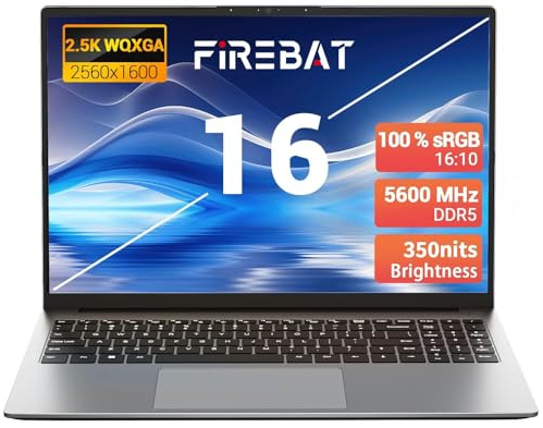FIREBAT Laptop Computer Ultrabook, 16in Quad HD, 4.9GHz AMD Ryzen H 255, Radeon 780M Graphics, 16GB DDR5 5600MHz RAM,512GB M.2 PCIe SSD, TF Card Slot, Portable Gaming/School/Business Notebook Computer