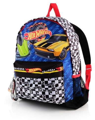 Hot Wheels Mochila escolar para niños con compartimentos con cremallera, correas ajustables para el hombro y soporte lateral de malla para botellas de agua, mochila de coches de carreras para la