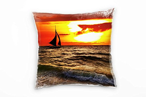 Paul Sinus Art Meer, rot, blau, Segelboot, Sonnenuntergang Deko Kissen 40x40cm für Couch Sofa Lounge Zierkissen - Dekoration zum Wohlfühlen