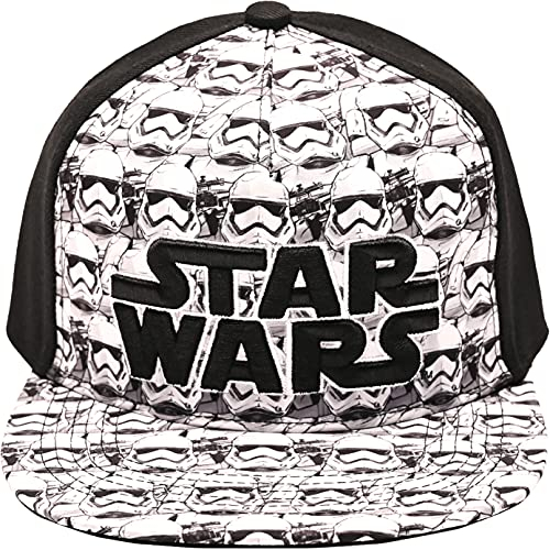 Disney Herren Star Wars Embroidered Logo and Stormtrooper All Over Adjustable Snapback Baseball Hat with Flat Brim Baseballmütze mit Flacher Krempe, verstellbar, Einheitsgröße, Schwarz/Weiß