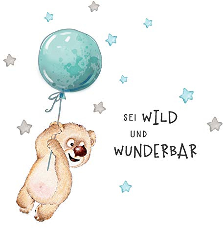 Little Deco Sticker Spruch sei wild & Teddybär I Wandbild L - 195 x 91 cm (BxH) I Luftballon Wandtattoo Kinderzimmer Junge Tiere Wandbilder Deko Babyzimmer Kinder DL329