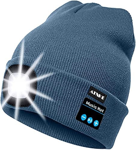 ATNKE LED beleuchtete Bluetooth-Beanie-Kappe, wiederaufladbare USB-Musikalische Laufmütze mit extrem hellem 4-LED-Licht wasserdichte Lampe für das Skifahren Wandern Camping Radfahren (Schatten Blau)