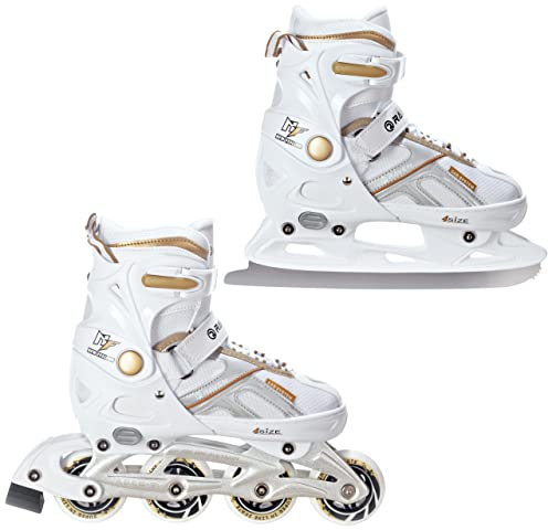 RAVEN Pulse 2in1 Schlittschuhe Inline Skates Inliner für Kinder und Erwachsene verstellbar (White/Gold, 40-43 (25,5-28cm))