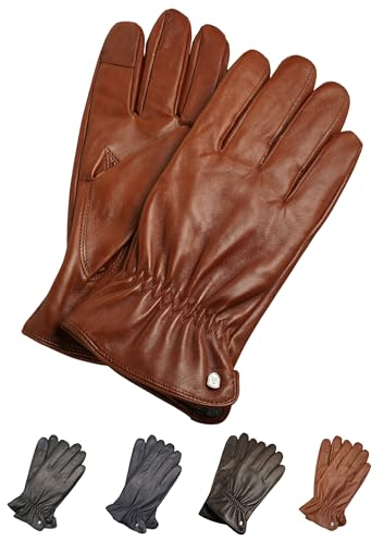 AKAROA ESTD 2019 Lederhandschuhe Herren TIM2, Touchscreen Funktion, italienisches Leder, recyceltes Strickfutter aus 50% Kaschmir und 50% Wolle, 5 Größen S - XXL, cognac, S-8,5