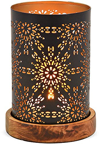 matches21 Windlichter mit ausgefrästen Blumen Kerzenhalter auf Holzsockel Laternen Deko schwarz Metall 1 STK Ø 10x18 cm