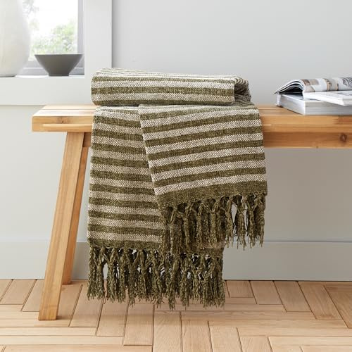 Catherine Lansfield Stripe Chenille, 130x170 cm, Blanket Throw, Olive Green