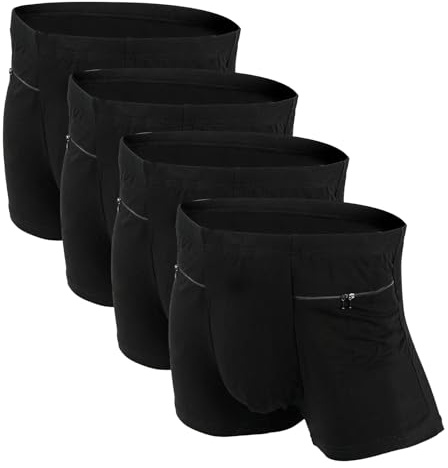LUEXBOX 4 Packs Pocket Underwear for Men with Secret Hidden Pocket, Travel Boxer Brief, (Black)
