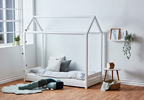 Hoppekids Montessori Hausbett | 70x160 | Weiß | FSC®-zertifiziertes massives Kiefernholz aus der EU