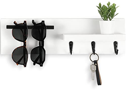 Lucundm Key Holder for Wall, Decorative Entryway Shelf with Hooks Holds Keys, Dog Leash, Sunglasses – Key Hanger with 3 Hooks Organizes, Enhances Home Decor (15” x 4.5” x 2.6”) (White)