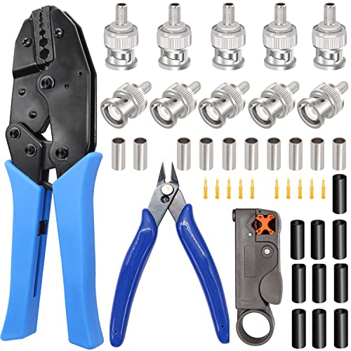 Taiss Coaxial Cable Tool Kit BNC Crimp tool with 10PCS BNC Male Crimp Connector,Coaxial Cable Stripper Cutter,Wire Cable Cutter and Heat Shrink Tube for RG58/RG59/RG62/RG174