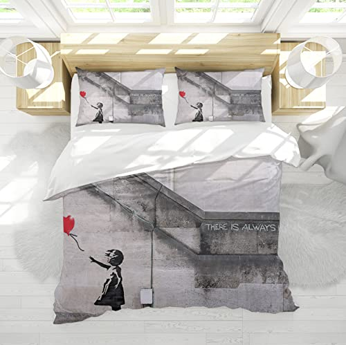SAISEMIHOME King Bettwsche Grauer Ballon Mädchen Banksy Graffiti 3-teiliges Bettwsche Bettwäsche Set Dekor 1 Bettwsche mit 2 Kissen Shams atmungsaktiv 135x200cm