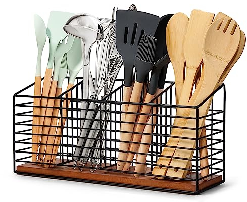 THYGIFTREE Porte-ustensiles pour comptoir de cuisine, organiseur d'ustensiles de cuisine en métal noir avec base en bois, pots à ustensiles de ferme pour comptoir