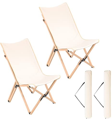 COSTWAY Campingstuhl faltbar 2er Set, Klappstuhl mit Leinen Sitzfläche und Bambusgestell, Faltstuhl bis 150 kg belastbar, inkl. Tragetasche, für Camping, Draußen und Drinnen