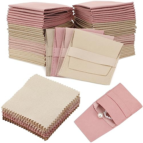 120 Pcs Microfiber Jewelry Pouch 8x8cm Jewelry Packaging Bag Luxury Gift Fixed Strap Envelope Style Packaging with Jewelry Cleaning Cloth for Earrings Necklace Packaging (Fresh Color)