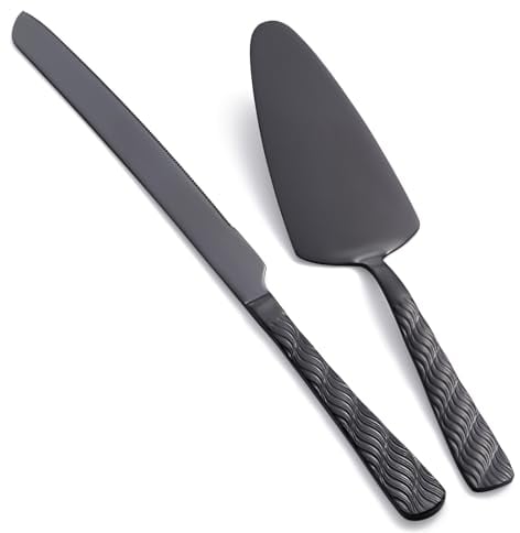 FULLYWARE Juego de Corte de Pasteles Negro, Juego de Cuchillo y Servidor de Acero Inoxidable, Juego de Cortador de Pasteles y Tarta para Bodas, cumpleaños, Fiestas