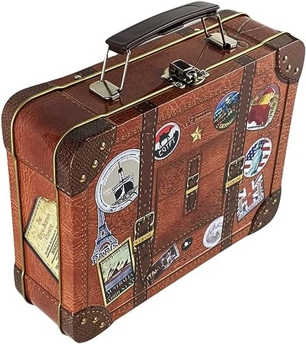 MediMuc Antik Koffer - Keksdose mit beweglichem Griff, stabilem Schnappschloss und bunten Stickern - lebensmittelecht - Volumen 2.0L - Maße: 20,7 x 16,0 x 6,2 cm