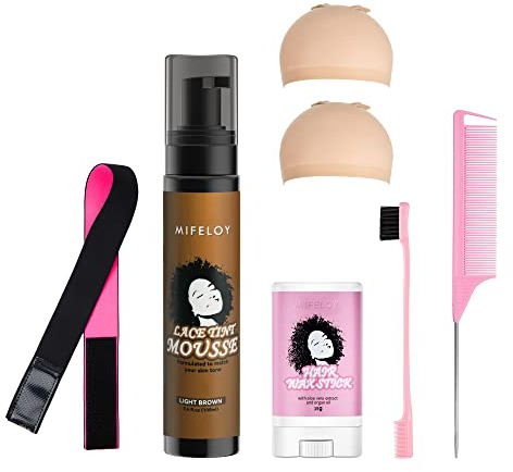 7 Pcs Wig Tool Set, 100ml Lace Tint Melting Hair Mousse, Mocha Middle Brown Foam, Toupees Spray Glue, 15g Styling Wax Stick Gel, Needle Tail Comb, Edge Control Brush, Elastic Wig Band, Net Wig Cap